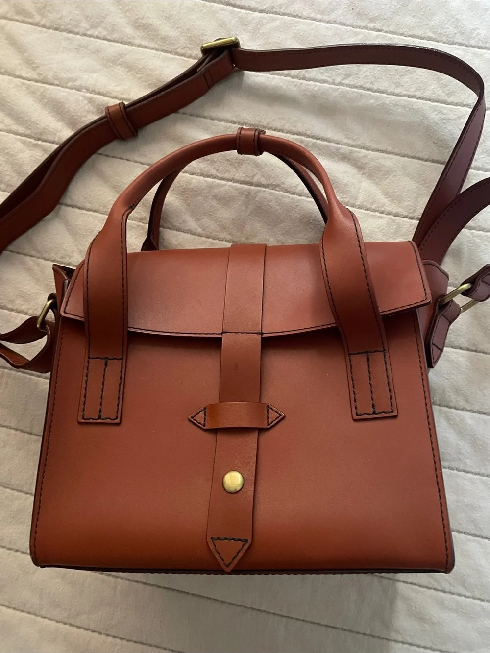 Classic Brown Leather Satchel with Top Handle & Adjustable Strap